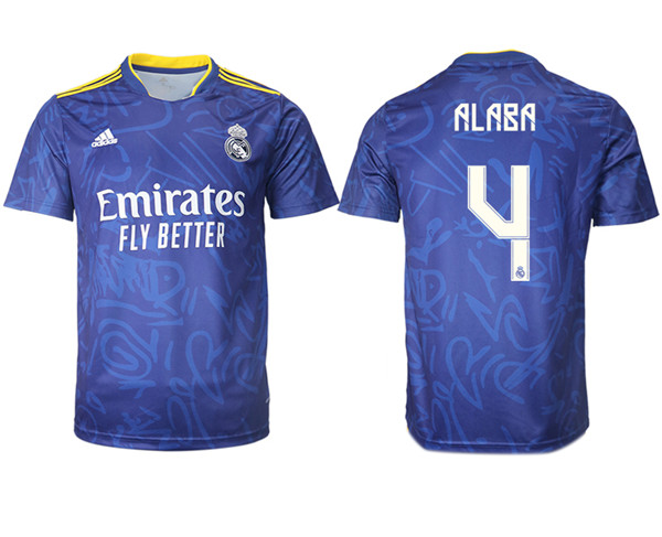 Men's Real Madrid #4 David Alaba 2021/22 Blue Away Soccer Jersey Men's Real Madrid #4 David Alaba 2021/22 Blue Away Soccer Jersey